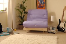 Single Wooden Futon Sofa Bed with Tufted Lilac Mattress – Space-Saving Comfort