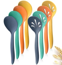 10 Inch Plastic Wheat Straw Spoons, 8 Pcs Serving Slotted Spoons Set