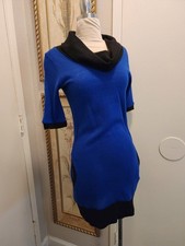 Feathers Sweater Dress / Tunic, Short Sleeve, Cowl Neck, Black & Blue, Size S