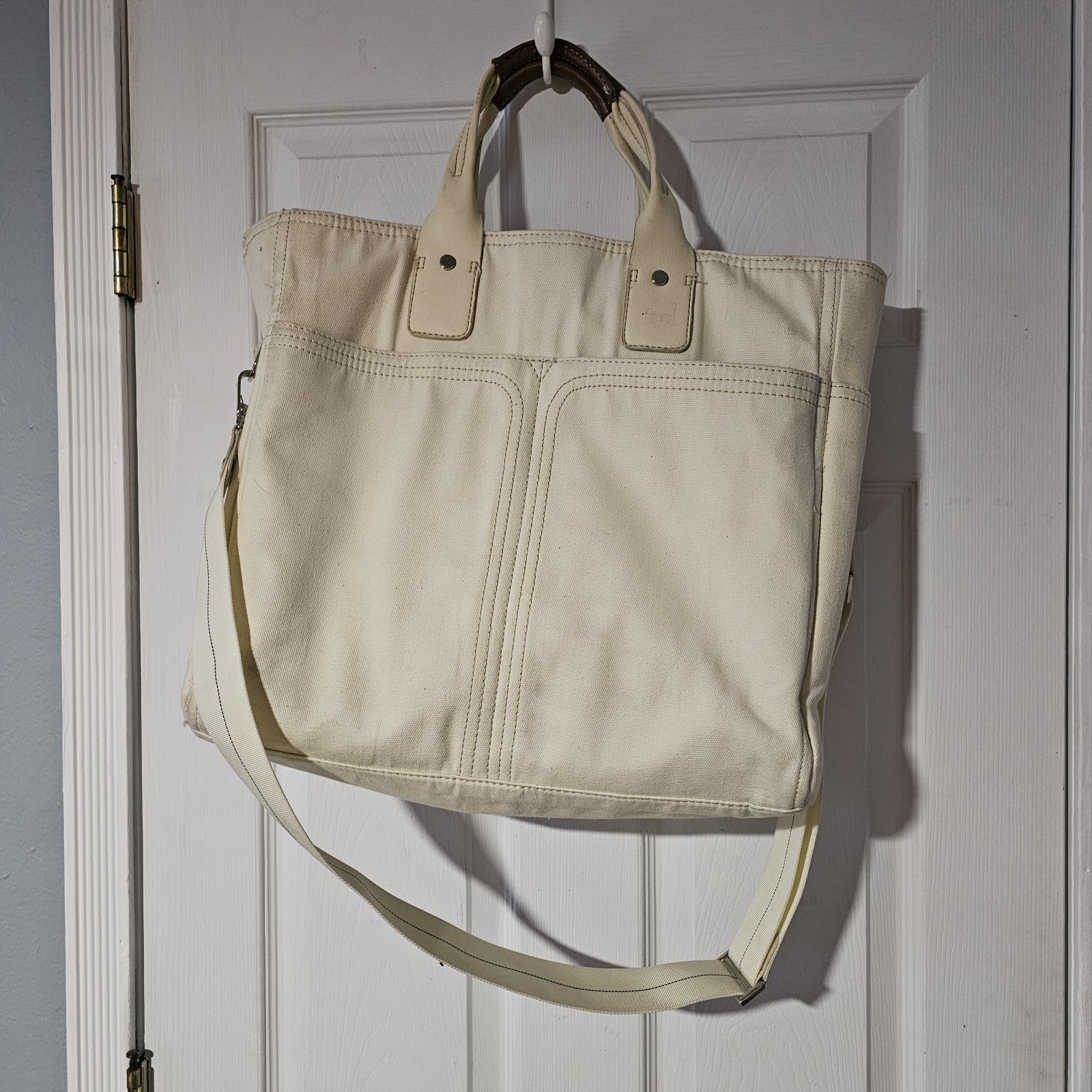 Bath & Body Works Canvas Tote Bag Large Ivory Crossbody Strap Handles Y2k