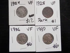 4 Circulated VF Buffalo Nickels 1924, 1928(dark), 1936, 1937
