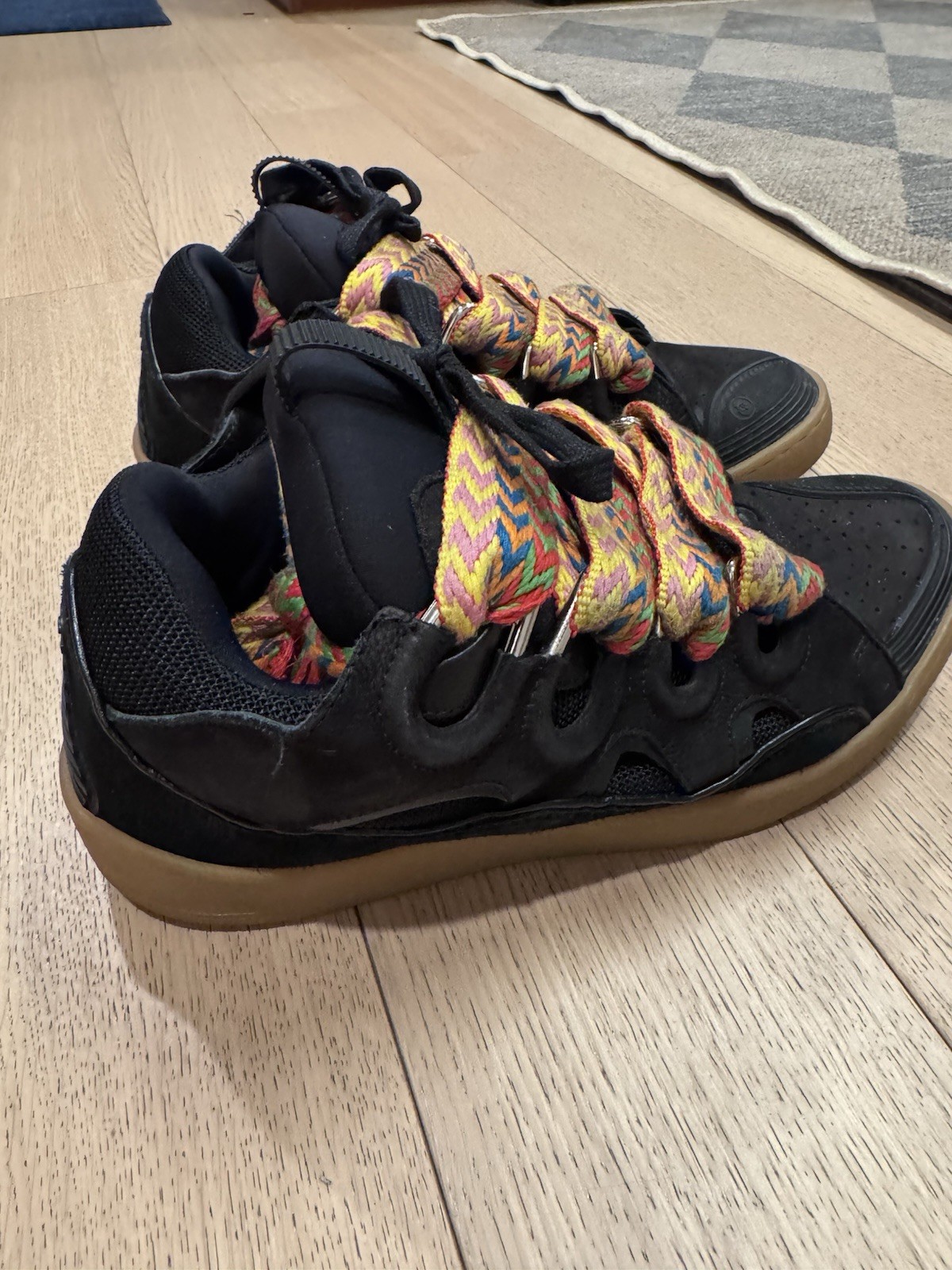 LANVIN Curb Black Leather Sneakers with Multicolor Patterned Laces for Men