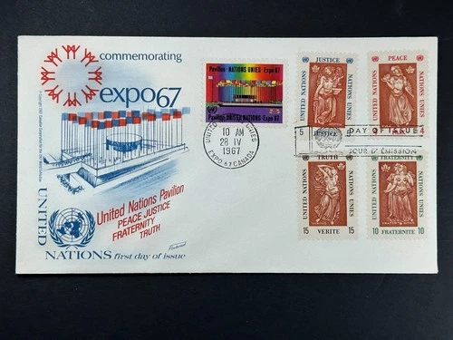 UN FDC 1967 Expo 67 Canada Full Set Peace Justice Fraternity Truth b210