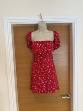 Boohoo Ladies Bright Red Floral Print Ditsy Jersey Dress Size 14 16 40in Chest