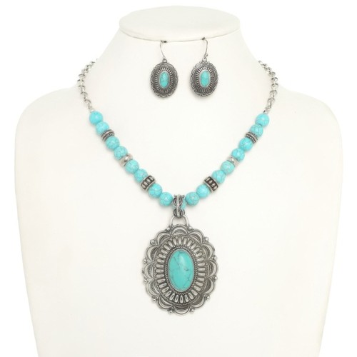 Western Oval Turquoise Concho Beaded Necklace Set - Picture 5 of 5