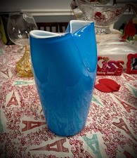 Art Glass Hand Blown Blue White Decorative Sculptural Vase - Glossy Finish