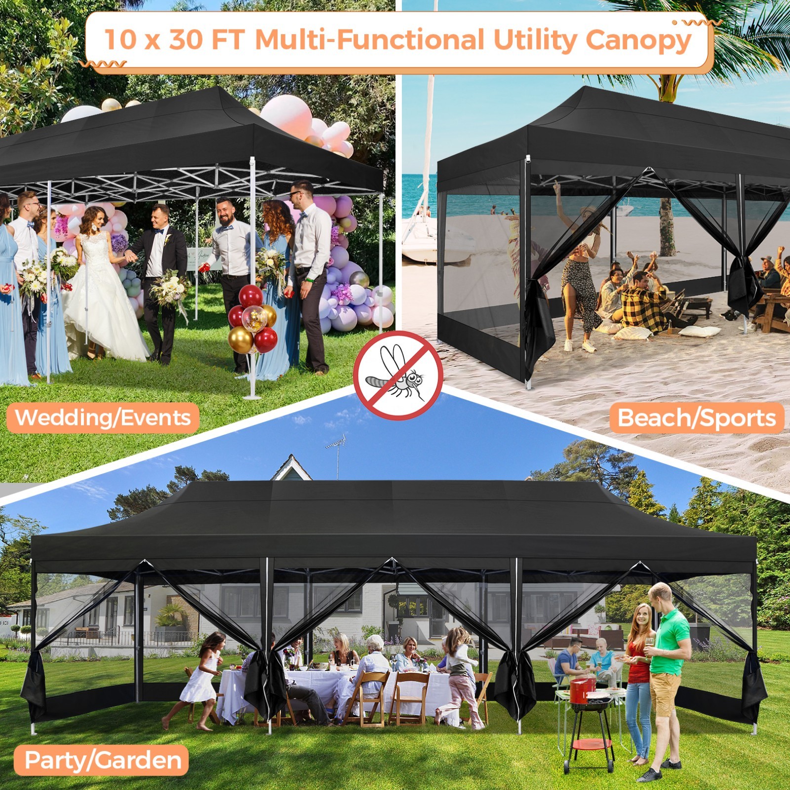 Canopy 10x15ft/10x30ft Heavy Duty Pop up Gazebo Mesh Screen Tent with Sidewalls