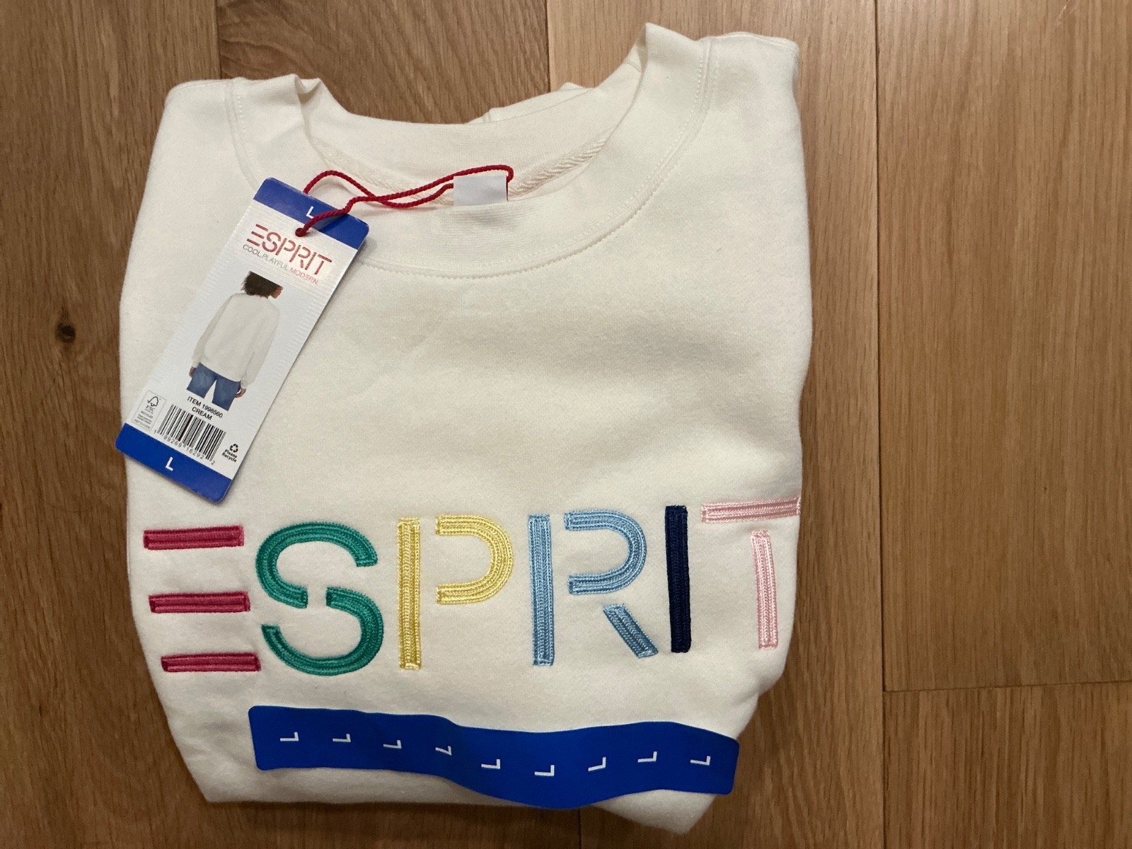 NEW Large Esprit Women's Logo Fleece Crewneck Sweatshirt Cream Viral 80's Costco