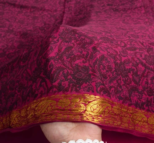 Sushila Vintage Magenta Saree Pure Silk Printed Zari Border Soft Craft Fabric