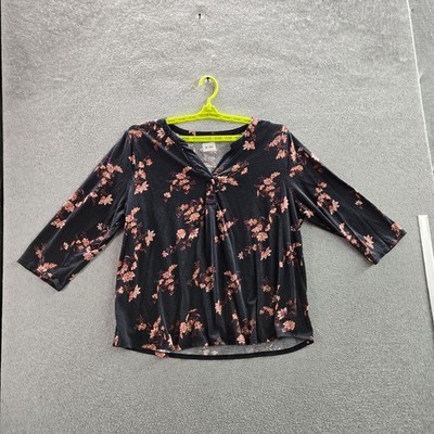 Croft & Barrow Women Blouse XL Black Floral Round Neck Pullover
