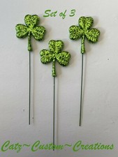 SET/3 ST PATRICKS DAY GLITTER PICKS SHAMROCK FLORAL WREATHS CRAFTS LIME GREEN