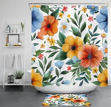 Rustic Plant Green Leaf Colorful Flower Shower Curtain Set for Bathroom Decor