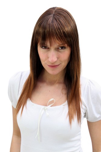 Women Wig Brunette Brown Mix Long Straight Bangs Highlights 50 LA032-2T30