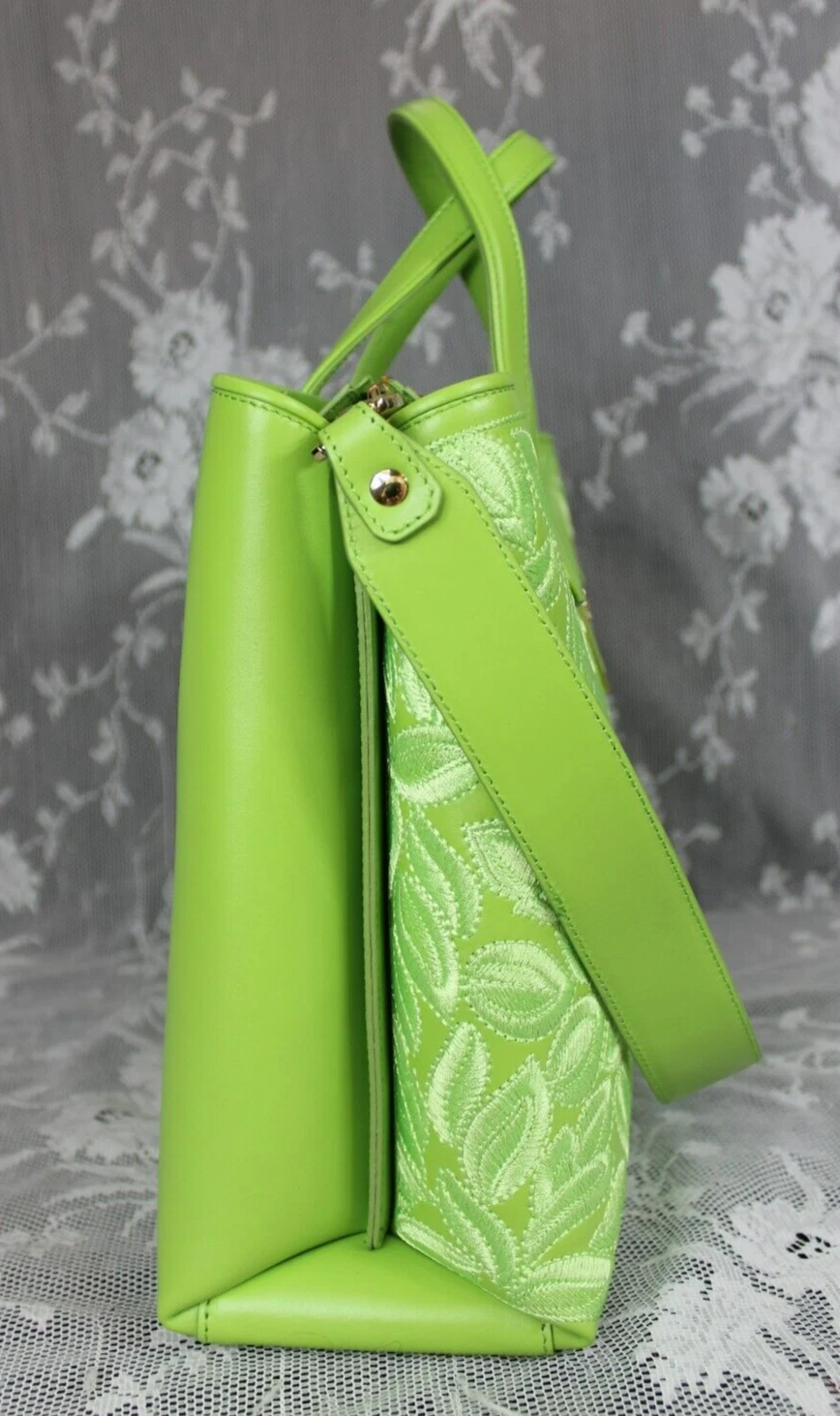 Borsa a tracolla Valentino Orlandi verde lime italiana in pelle ricamata nuova con etichette