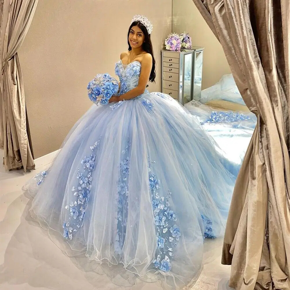 Sky Blue Quinceanera Dresses Shiny 3D Flowers Beaded Prom Ball