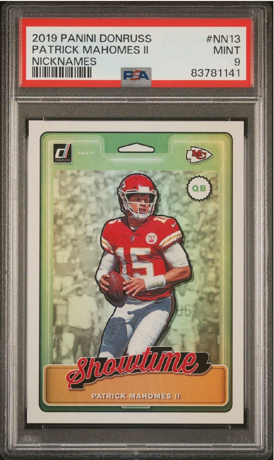 2019 Donruss Nicknames Showtime #13 PATRICK MAHOMES Football Card case hit PSA9
