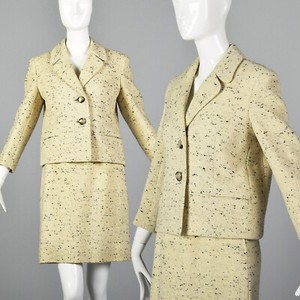 XS 1960s Cream Skirt Suit Navy Blue 