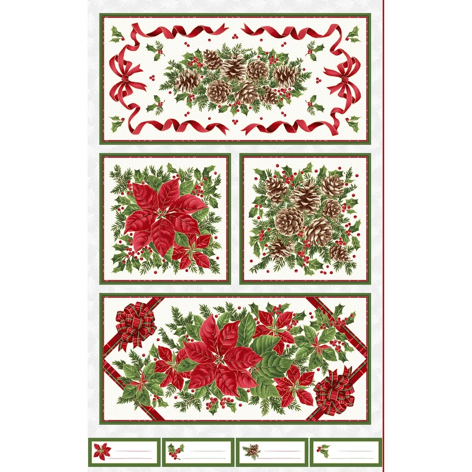 Fabric Panel Table Runner and Placemat Poinsettia Christmas Evergreen, Bows - Image 3 of 3
