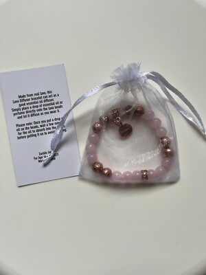 Brand New Lava Bead & Pink Gem Stone Diffuser Bracelet Rose Tone LOVE Charm