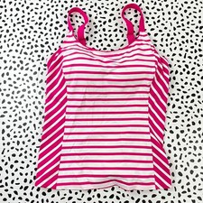Lands End Womens Swim White Cerise Pink Stripe Scoop Neck Tankini 467730 sz 10