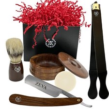 MEN'S GIFT SET GROOMING WOODEN STRAIGHT RAZOR SHAVING SET KIT IN GIFT BOX 6 pcs