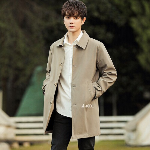 Mens Windbreaker Jacket Mid-length Casual Handsome Lapel Workwear Coats Slim Fit - Picture 7 of 18