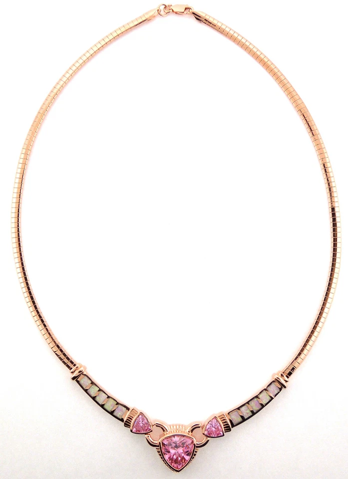 Collar Omega Chapado en Oro 18K Plata de Ley 925, Ópalo de Fuego Rosa y Topacio 18" Foto 2 de 3