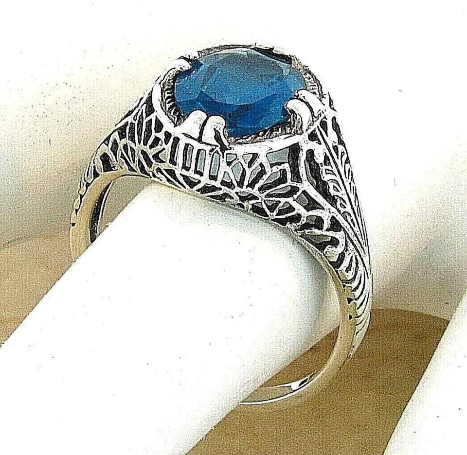 GENUINE 2.2 CT LONDON BLUE TOPAZ 925 STERLING SILVER ANTIQUE STYLE RING #720 - Image 2 of 4