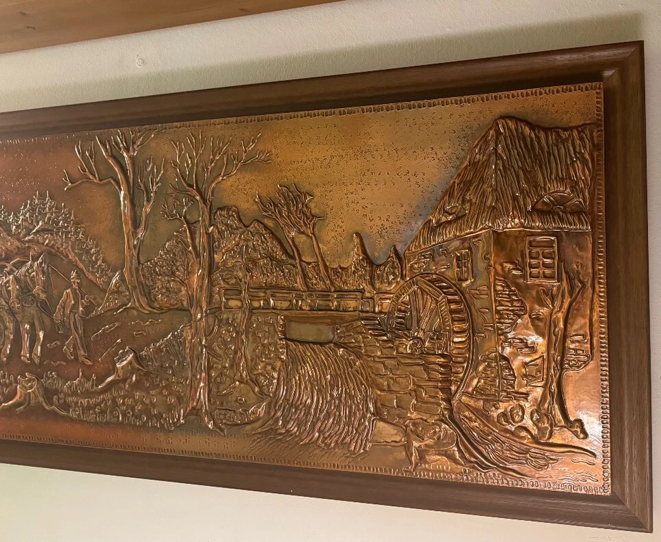 70 er Jahre großes dreidimensionales Kupferbild mit echtem Holzrahmen 147x47 cm - Bild 2 von 4