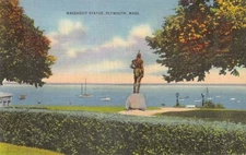 Postcard MA: Massasoit Statue, Plymouth, Massachusetts, Linen