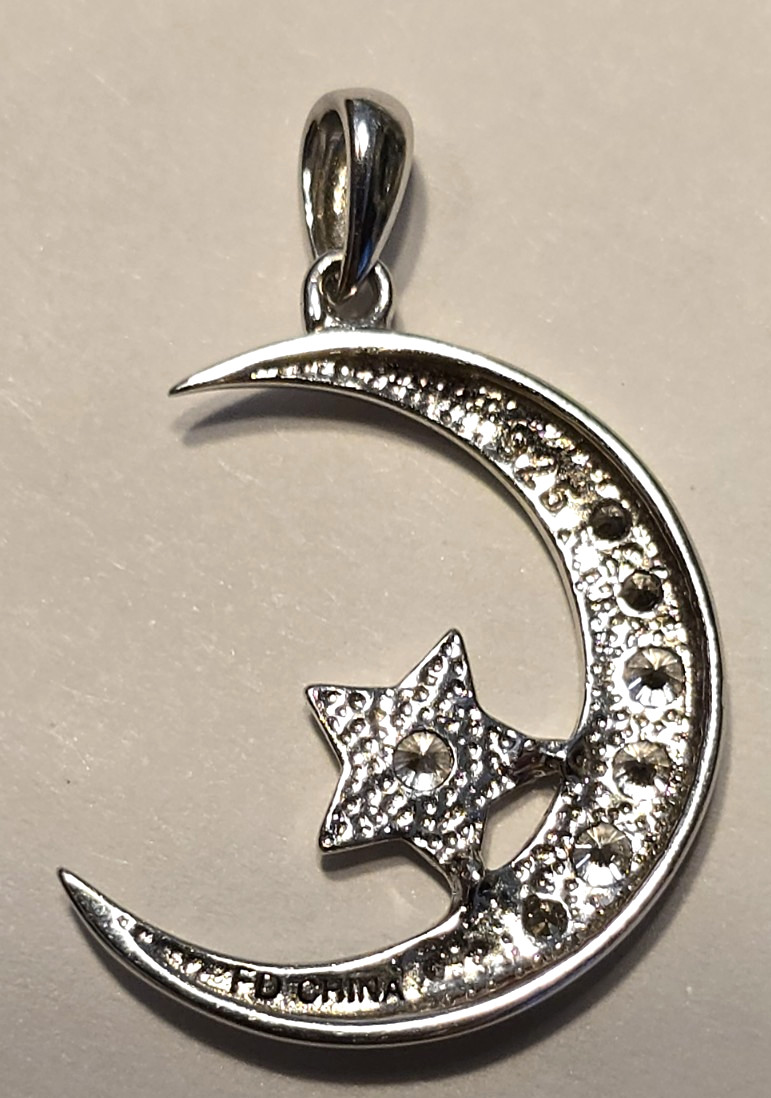 Solid Sterling Silver Crescent Moon Star Pendant … - image 2