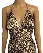 vtg Womens Silky Halter Dress 5/6 Fit N Flare Pin Up Cocktail Boho Alyn Paige