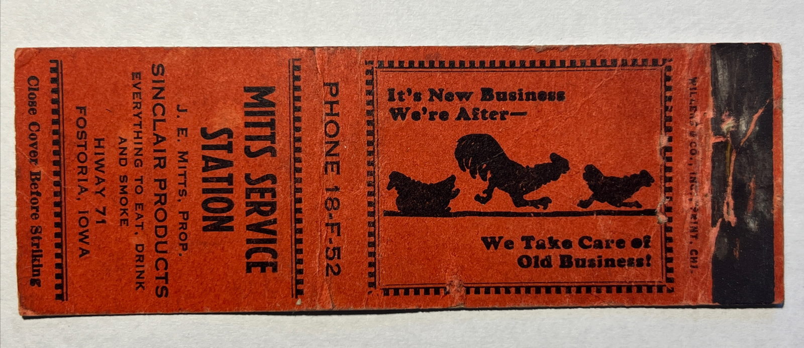 Vintage Matchbook Cover Mitts Sinclair Service Station Fostoria, Iowa