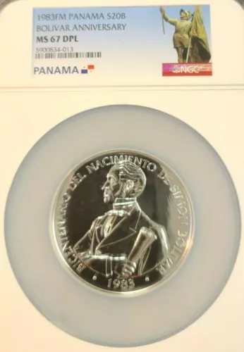 1983 PANAMA SILVER 20 BALBOAS BOLIVAR ANNIVERSARY NGC MS 67 DPL LOW MINTAGE RARE
