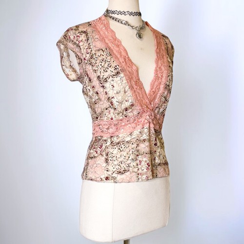 Rampage Y2k Floral Fairy Lace Top Sheer Sequin Bling Pink Earthy Coquette VTG M - Picture 15 of 15