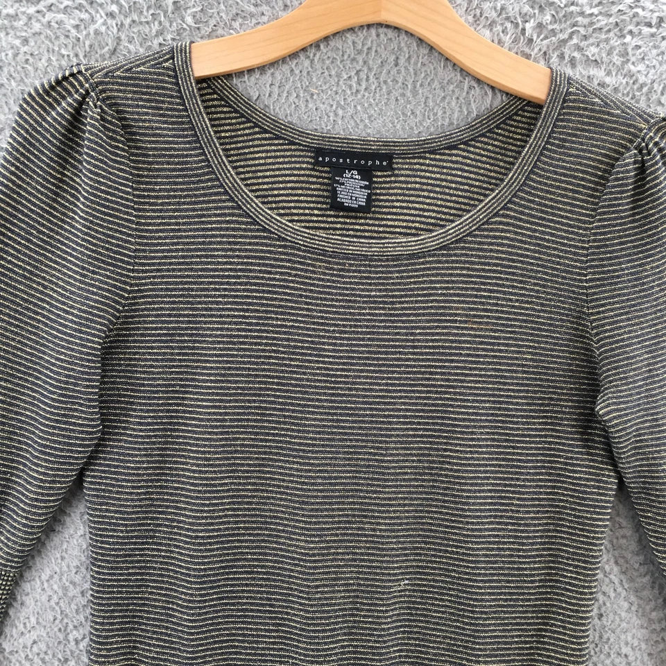 Apostrophe Pullover Sweater Womens L Black Gold Cotton Blend Striped 3/4 Sleeve - Image 2 of 4