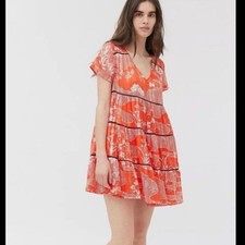 Urban Outfitters NEW Large Orange Floral Pippa Chiffon Tiered Babydoll Dress