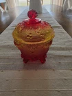JEANETTE CARNIVAL GLASS YELLOW TO RED AMBERINA FOOTED CANDY DISH - GRAPE PATTERN