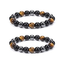 Jovivi 2 Pcs Natural Black Obsidian Hematite Stone Tiger Eye Beaded Stretch