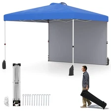 GOPLUS 10 X 10 FT Pop up Canopy Tent w/ 1 Sidewall Wheeled Bag 8 Stakes