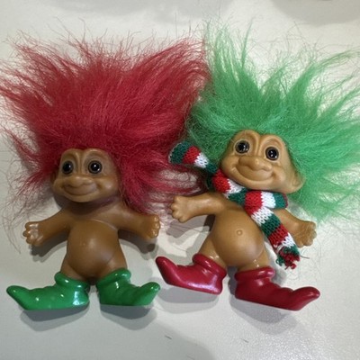 2 Elves Elf Trolls Russ 3 inch  Red & Green Hair Shoes, 1 Scarf  Christmas