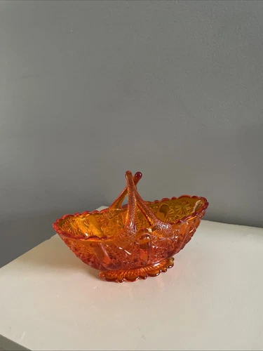 Vtg Fenton Daisy Button Split Basket Orange