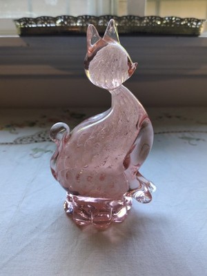 Vintage Murano Style Pink Cat Art Glass Paperweight/ Figurine 6''