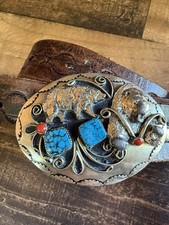 Vintage Turquoise Bear Belt Buckle Native With Tooled Leather Belt
