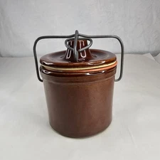 Vintage Brown Stoneware Crock Jar w/ Wire Handle and Lid Collectible Kitchenware
