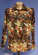 Vtg 70's Men's Prince Igor Brown Orange Yellow Floral Print Wide Collar Shirt XL