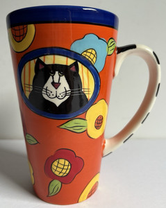Catzilla tall mug, Colorful painted cat & Flowers Pattern, H 6 1/4  