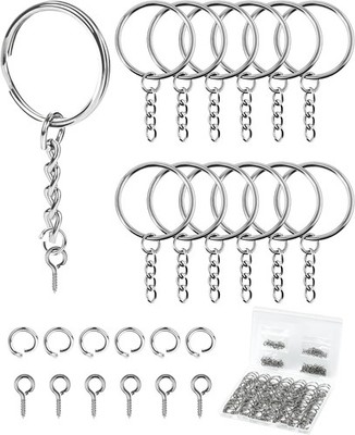 FIVEIZERO 300Pcs Key Rings Kit, 100Pcs Ring with Chain, Keyrings silver 