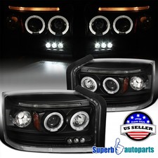 Fits 2005-2007 Dodge Dakota Dual Led Halo Projector Headlights Black Replacement