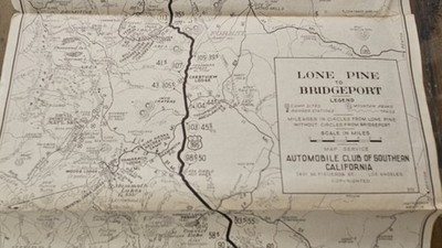 Large 1930s ? Lone Pine Bridgeport Yosemite CALIFORNIA CA Foldout Auto MAP